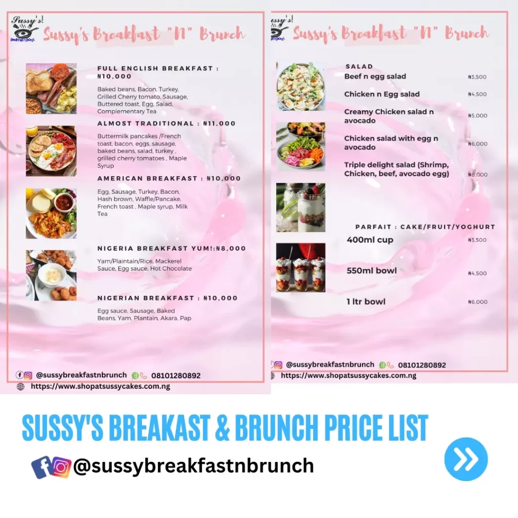 Breakfast and Brunch Price list 