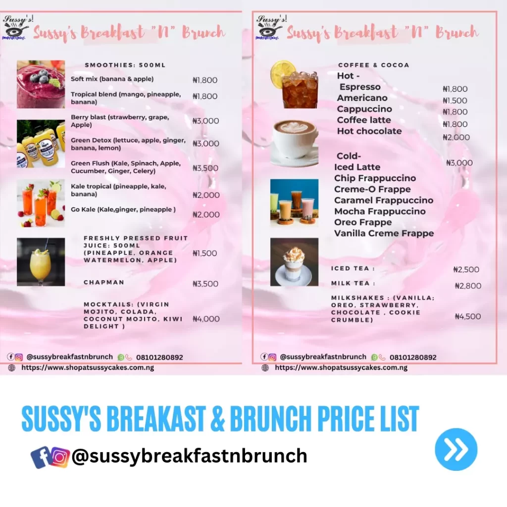 Breakfast and Brunch Price list 