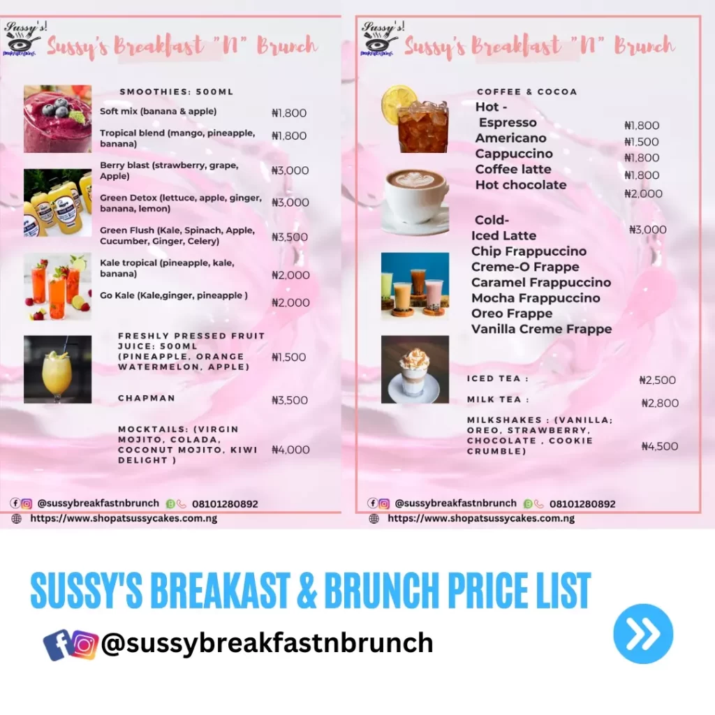 Breakfast and Brunch Price list