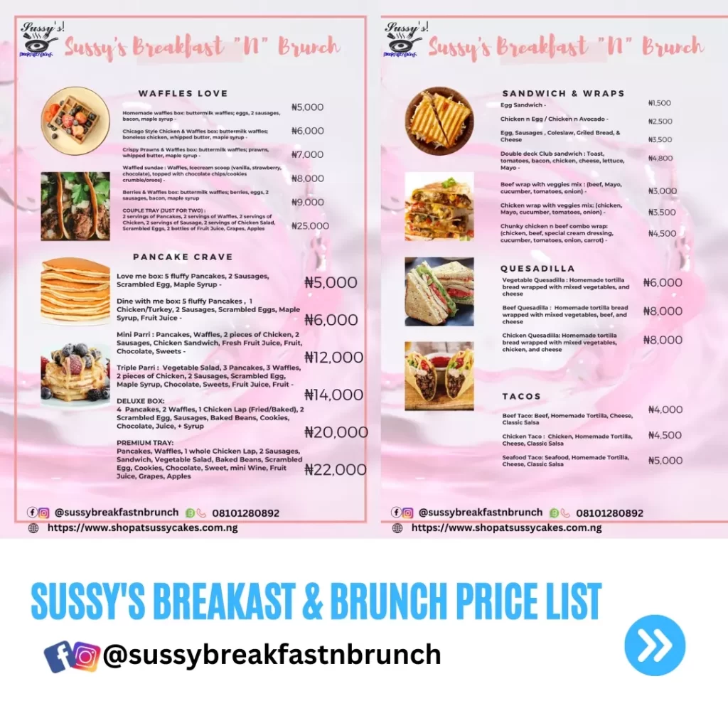 Breakfast and Brunch Price list