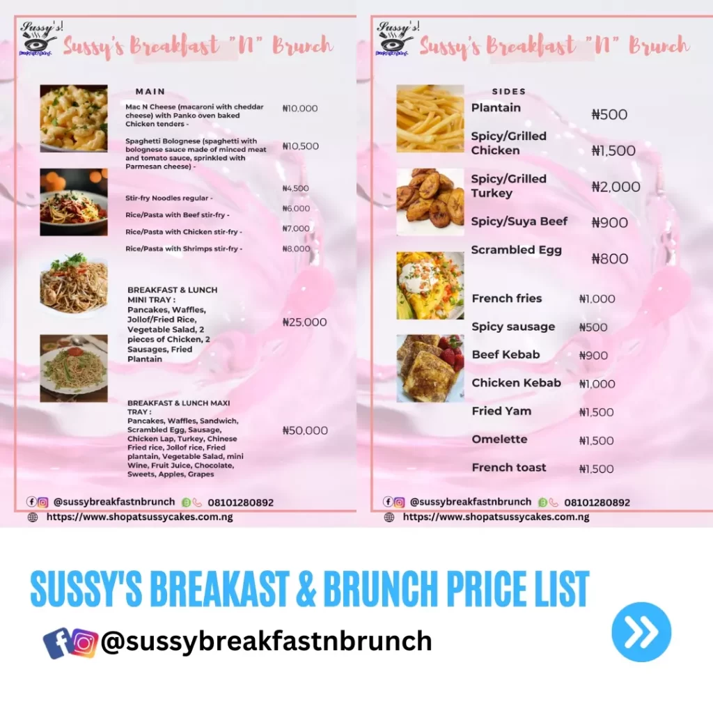 Breakfast and Brunch Price list